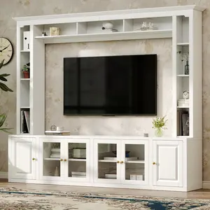 4-Piece Modern Entertainment Center Wall Unit with Bookshelves, All-in-1 Large TV Stand with Tempered Glass Door for TVs Up to 80", 92inch Media Console with Adjustable Shelves for Living Room, White
