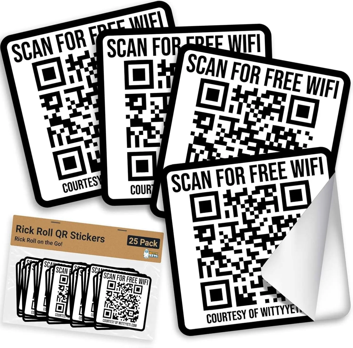 Witty Yeti Ad-Free, Realistic 2x2IN Fake WiFi Rick Roll QR Code Stickers 25 Pack. Best Bulk Practical Joke Novelty Set for April Fools. Trick Friends and Family with Hilarious Vinyl Decal Meme Prank