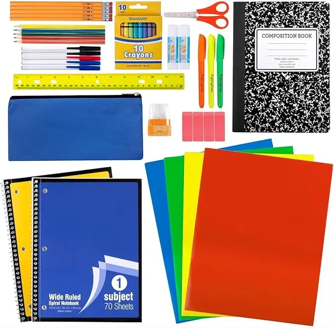 Essential School Supply Kit 45-Piece Set for Grades K-12 Includes Folders Notebooks Pencils Pens Crayons Ruler Scissors and More Perfect for Students and Educators