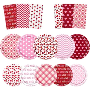 Valentine’s Day Plates and Napkins Happy Valentines Day Tableware Party Decorations Pink Red Love Heart XOXO Stripe Disposable Paper Dinnerware for Valentines Party Supplies Favor