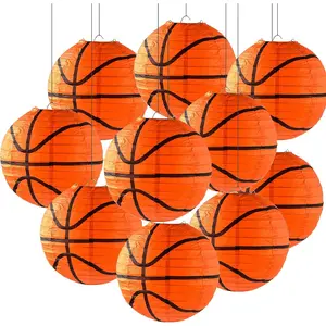 10 Pieces 8 Inches Orange Basketball Paper Ceiling Hanging Lantern Decorations for Sport Themed Birthday Party Bar Basketball Game Party