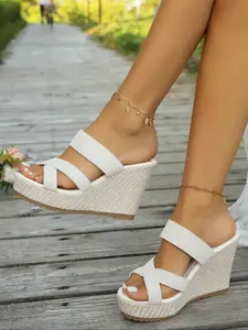 Women's Fashion Velvet Cross-Strap Wedge Thick Sole Slip-On Sandals, 2026 New Style Stylish Elegant Classy Soft Comfortable Summer Shoes for Women