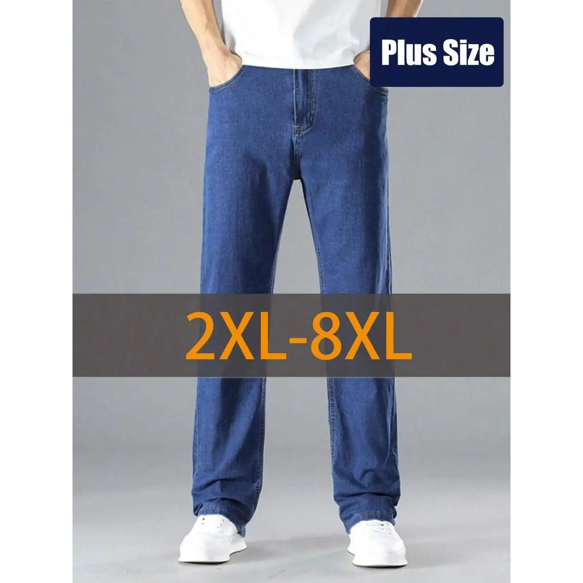 Men's Casual Straight-Leg Loose-Fit Long Jeans - Cooling Stretch Polyester Fabric Menswear with Zipper Fly, Plain Design, Pocket, Plus Size 2XL-8XL, Natural, Pants, Classic, Cool Denim, Zipper Closure, Buttons, All Seasons, Plain Denim, Below Ankle, 3Xl