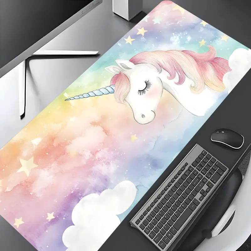 Kawaii Girly Rainbow Unicorn Design Large Gaming Mouse Pad,Aesthetic Desktop Decoration Drotection Pad,Washable Rubber Pad Non-Slip Lock Edge Multi-Size Mouse Pad Suitable For Home Office,Good Gift for Family and Friends