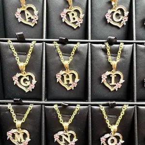 Initial Heart Necklace Gold Plated - Personalized Letter Pendant with Floral Design for A to Z Options