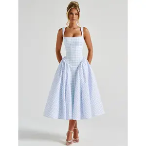 Women's Gingham Print  Square Neck Tank Dress, Chic Fashion Casual Sleeveless Slim A Line Dress for Daily Outdoor Wear, Ladies Dress for Summer