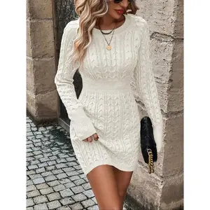 Autumn Women's Casual Solid Color Round Neck Sweater Dress, Tight-Fitting Long Sleeve Knit Dress, Ribbed Knitted Pullover Dress