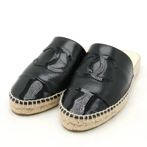 Pre-owned CHANEL Patent Leather Small Leather Goods Coco Mark Espadrille Leather Jute Flat Sandals