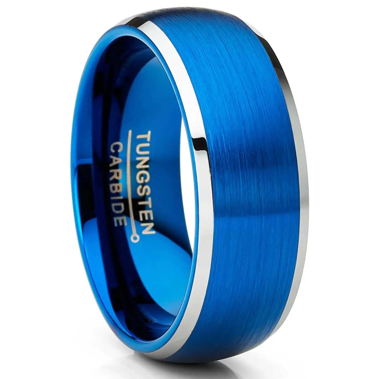 Men's 8mm 2-Tone Blue Silver Tungsten Carbide Engagement Wedding Band, Comfort-Fit, High-Polish Brushed Finish, Cobalt-Complimentary Male Ring, Elegant Fashion Ring