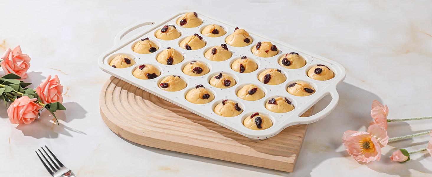 24-Cup Silicone Mini Muffin Pan with Metal Reinforced Frame, BPA-Free Dishwasher-Safe Beige Tray with Rainbow Spots for Baking Muffins, Cupcakes, Muffin Tin, Creamy Confetti