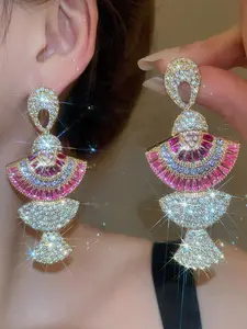 Women's Elegant Rhinestone Decorated Dangle Shining Earrings, Exquisite Trendy High Quality Earrings, Fashionable Chic Gorgeous Jewelry for Women for Party & Daily Clothing Decor