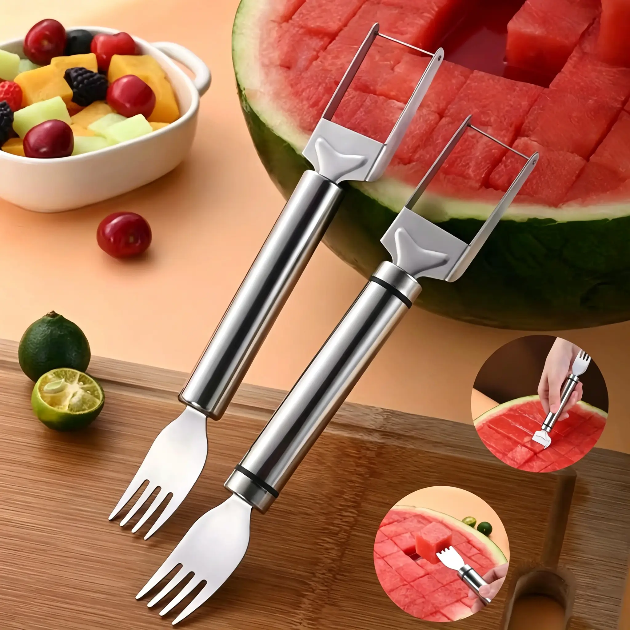 【BestSellerTop】Watermelon Fork Slicer,Watermelon Slicer Cutter,Watermelon Cube Cutting Tool, 2-in-1 Stainless Steel Fruit Cutter, Dual Head Fruit Forks Slicer Knife with Round Handle,Fruit Cutting Kitchen Utensils,Kitchen Gadgets,Portable Modern