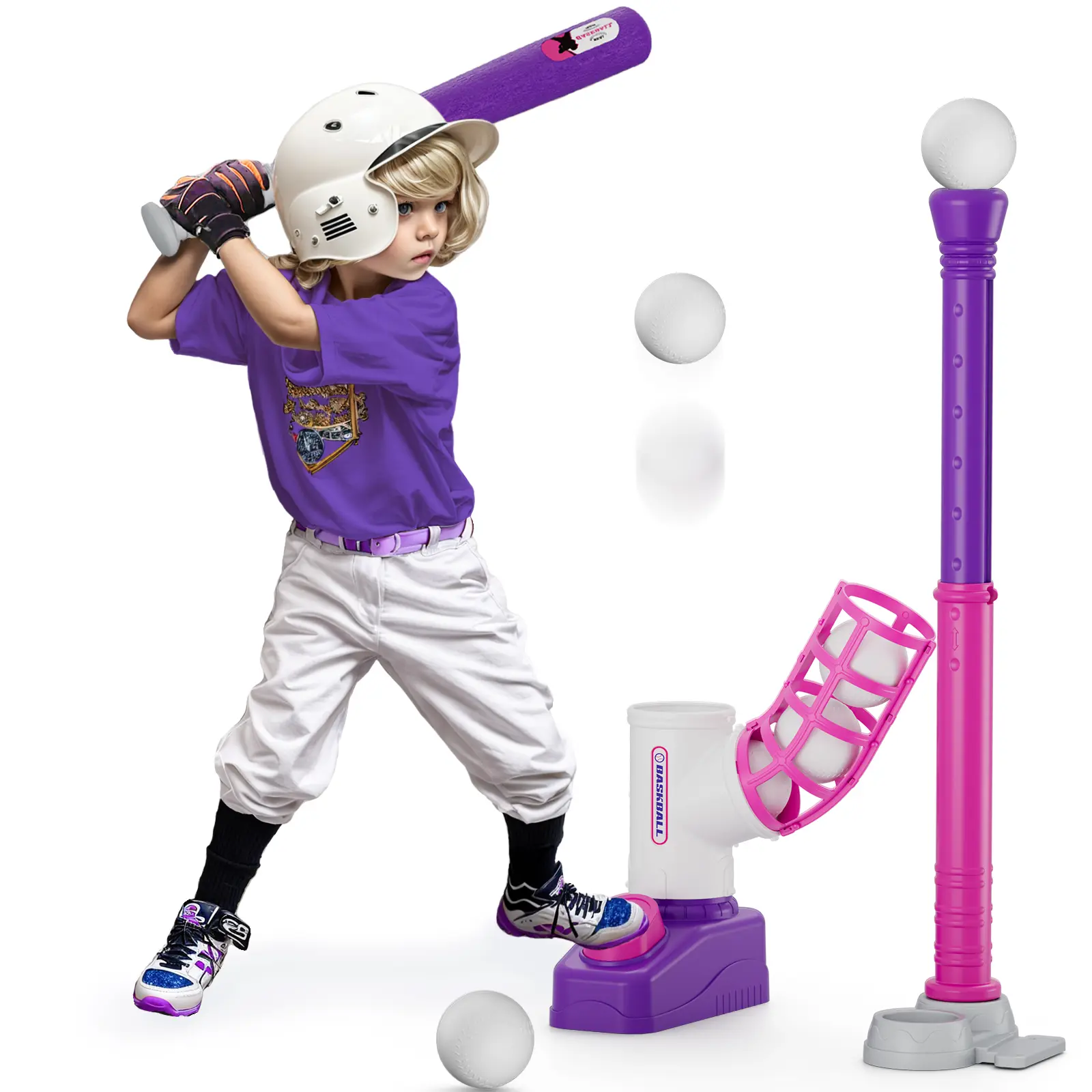T-ball Set for Toddlers 3-5 Tee Ball Set with Step on Pitching Machine Adjustable Batting Tee Retractable Baseball Bat 8 Pop Up Balls Outdoor Sport Toy Games for Kids Girls
