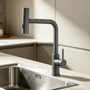 360° Rotation Pull-Down Kitchen Faucet with 3 Spray Modes - Gun Grey/Stainless Steel High-Arc Sink Tap, 3.15" (80mm) Extra-Long Mounting Rod for Thick Countertops