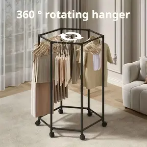 Sturdy Rolling Clothing Rack for Hanging Clothes, 360° Rotating Hexagonal Metal Garment Rack with Wheels, Space-Saving Clothes Storage Organizer for Bedroom, Closet & Laundry Room, Hangable Black