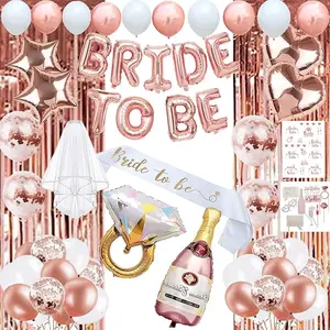 Bachelorette Party Decorations - Rose Gold Bridal Shower Party Decor and Supplies Kit Bride To Be Sash, Veil, Temporary Tattoos, Confetti Balloons Pack Fringe Curtain.