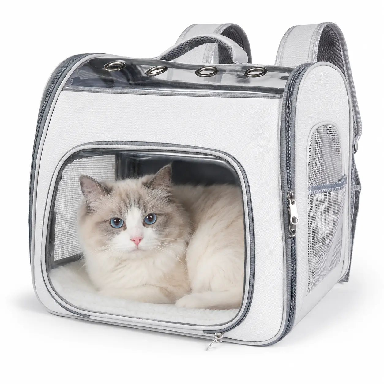 Cat Carrier Backpack, Pet Cat Carrier with Adjustable Harness and Leash Set, Breathable Soft-Sided Pet Travel Carrier with Clear Window, Removable Pad and Dual Zippers for Cats and Small Dogs up to 12 lbs, Gray
