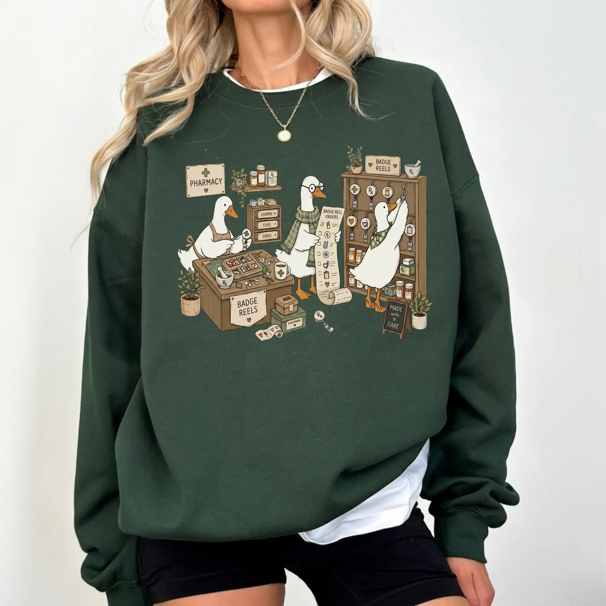 Women's Cute Goose RX Fleece Hoodie Tops - Breathable Cotton Casual Apparel, Ribbed Details, Drawstring, Pocket, Everyday Fit, Thanksgiving Gift for Pharmacists (Pharmacy Badge Reel Lovers)