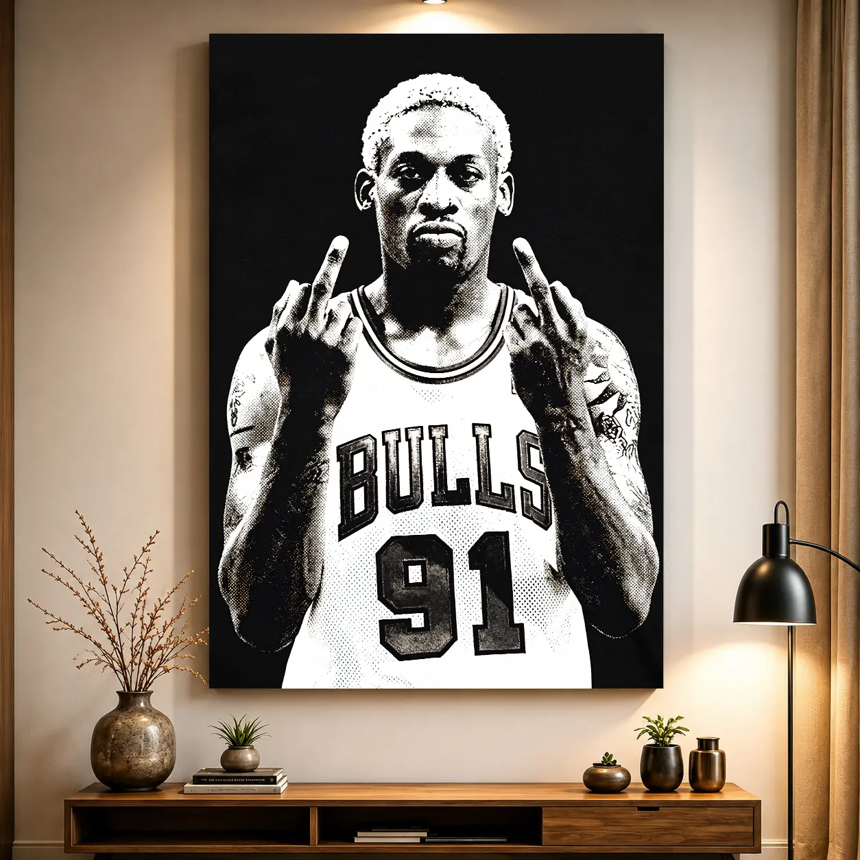 Dennis Rodman Chicago Bulls 91 Canvas Wall Art Poster NBA Basketball Black White Aesthetic Sports Decor Bedroom Living Room Man Cave Gift for Basketball Fans Iconic Defensive Legend Motivation Street Art Print