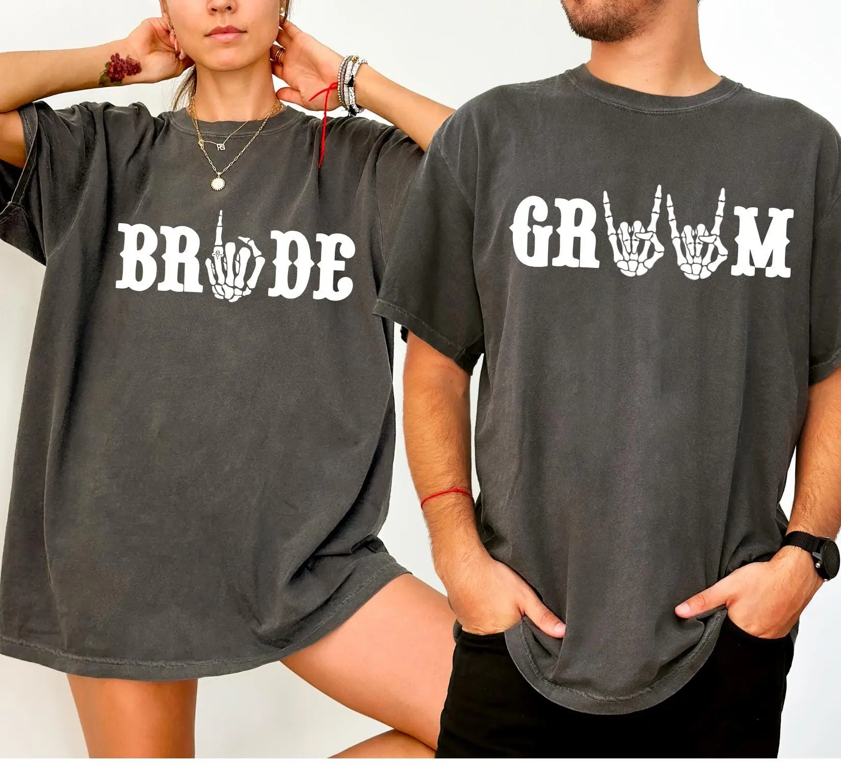 Comfort Colors Bride and Groom Shirts, Skeleton Hand Wedding Tees, Matching Halloween Couple T-Shirts, Spooky Bridal Party Gift, Fall Wedding Outfit - AL