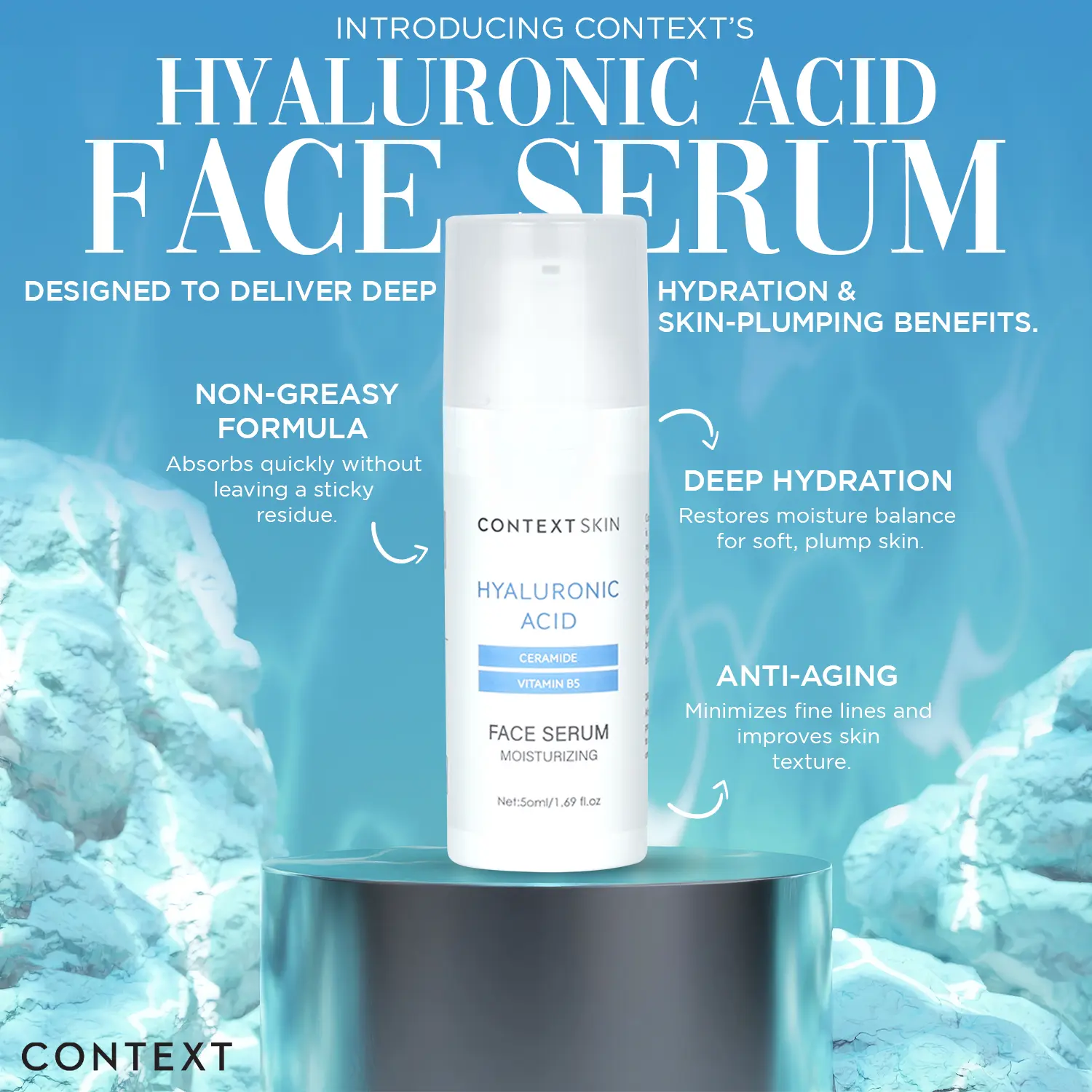 Context Skin 3 in 1 Hyaluronic Acid, B5 & Ceramide Face Serum - Non-Greasy Moisturizer for Daily Hydration & Brightening Benefits - Lightweight Formula for All Skin Types
