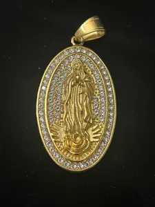 14k Gold Filled Brass Large Virgin Mary Pendant with VVS CZ Stones Elegant Oval Design for Special Occasions