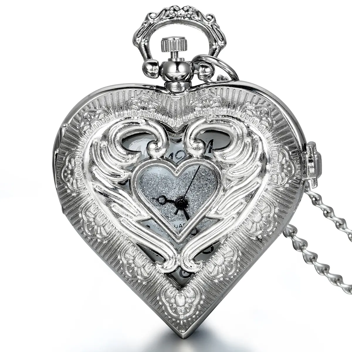 OIDEA Women's Vintage Pocket Watch Necklace - Metallic Alloy Angel Wing Openable Hollow Heart Locket, Quartz Movement, 1.44in, 0.047kg, Water Resistant Fashion Jewelry Statement Piece, Women's Fashion Chain Link Sweater Chain for Anniversaries, Loved Ones