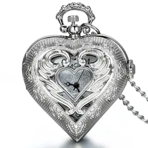 OIDEA Angel Wing Hollow Heart Openable Quartz Pocket Watch Necklace, Alloy Sweater Chain