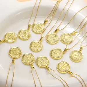 【PANG Jewelry】 Golden Circular Zodiac Sign Pendant Necklace 20mm Diameter 60cm Box Chain Unisex Fashion Accessory for Adults Spring 2025