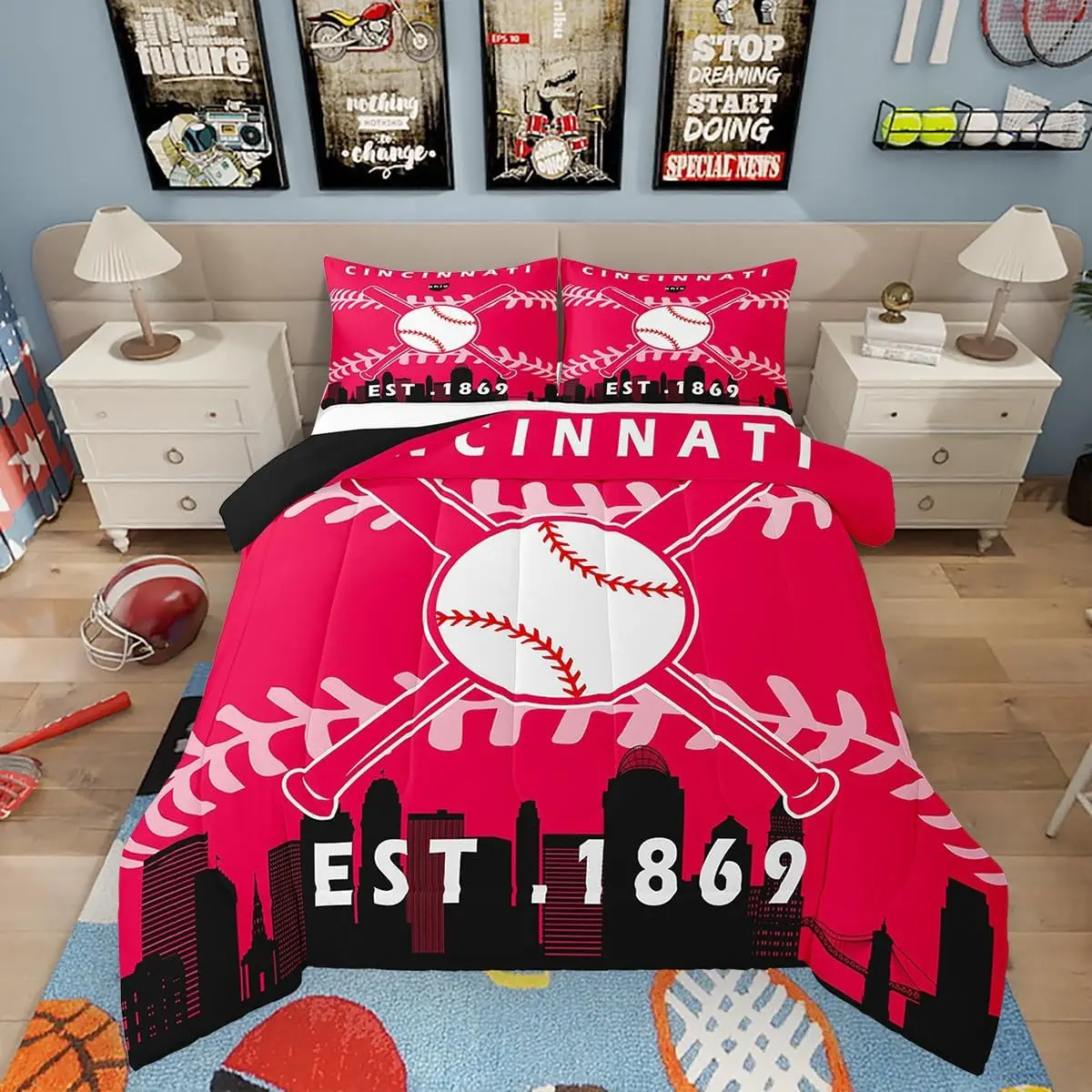 Boys Baseball Bedding Set for Teens,Youth,Baseball Team Comforter,Sports Quilt,Baseball City Comforter Sets (Cincinnati)