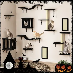 10-Piece Wall-Mounted Cat Climbing Set, Complete Vertical Playground with Cozy House, Scratching Board,  Tree, Hammock & Jumping Platform-Christmas Gifts.