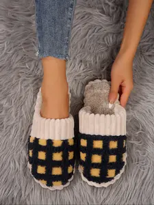 Women's Plush Home Slippers, Cute Checked Design, Comfortable Indoor Shoes for Fall & Winter, Simple Style Wedding Slippers