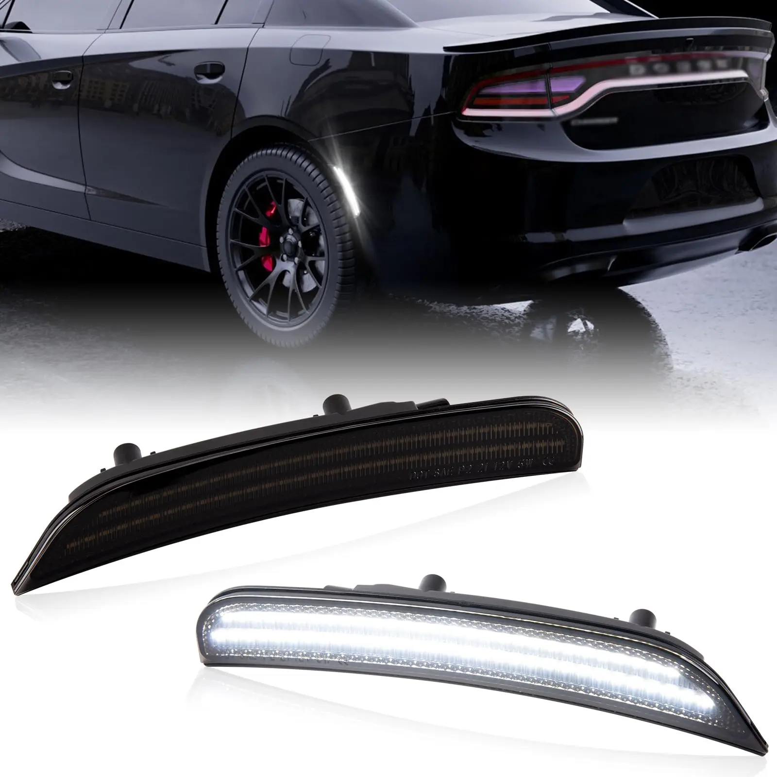 Gempro White Rear LED Side Marker Lights Compatible with Dodge Charger LD 2015-2023 Bumper Marker Lamps 2PCS, Smoked Len (Rear Bumper)