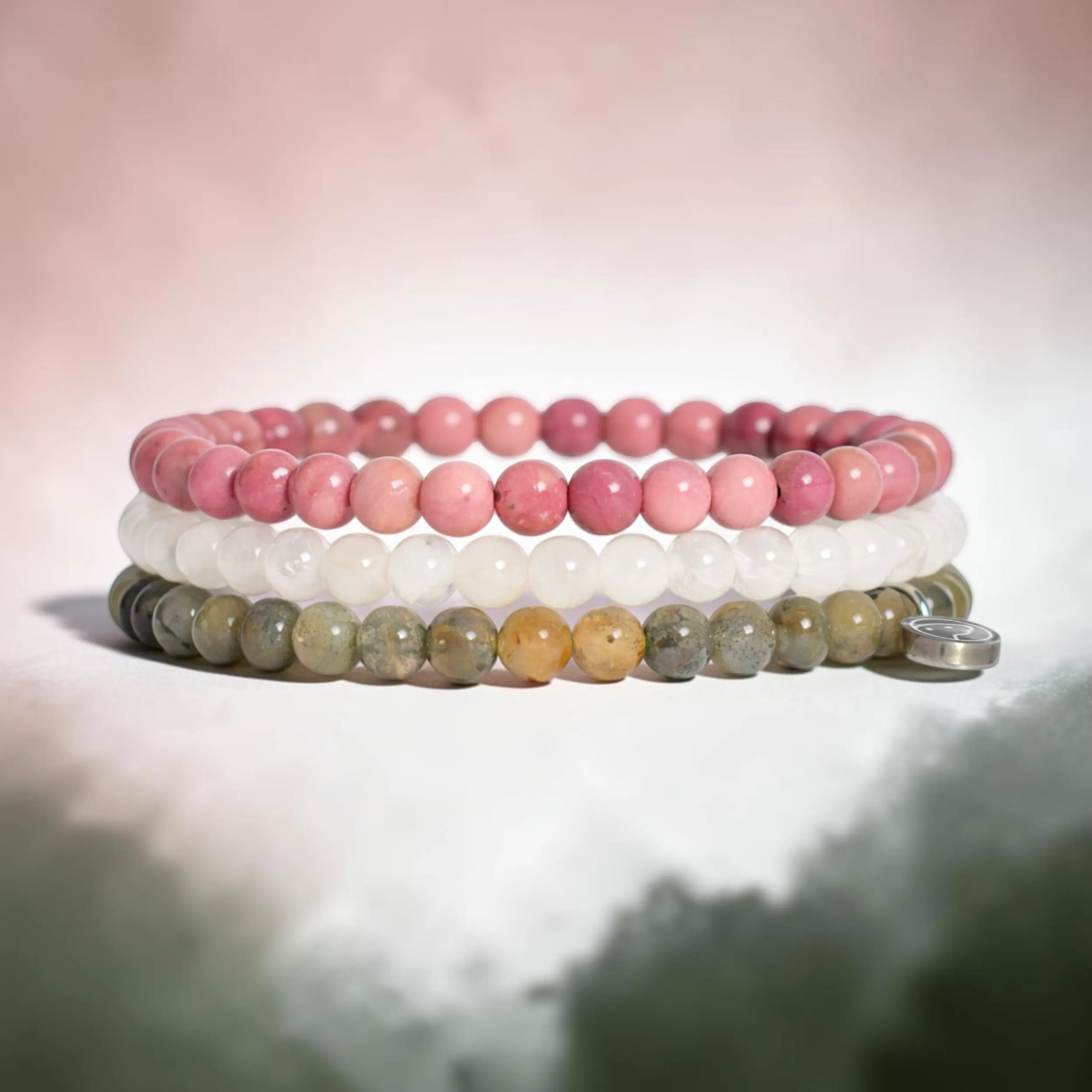 New Beginnings Bracelet Pack, Otter Spirit, Women, 4mm Beads, Crystal Bracelet Set of 3, Labradorite, Rainbow Moonstone, Rhodonite, New Beginnings, Growth, Sterling Silver Otter Charm