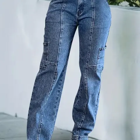 Women's Slimming Stretch Cotton Button-Front Denim Cargo Jeans - Mid-Rise, Multi-Pocket, H-Type Wide-Leg, Retro Streetwear Style, Everyday Bottom, Foldable Casual Trouser for Women