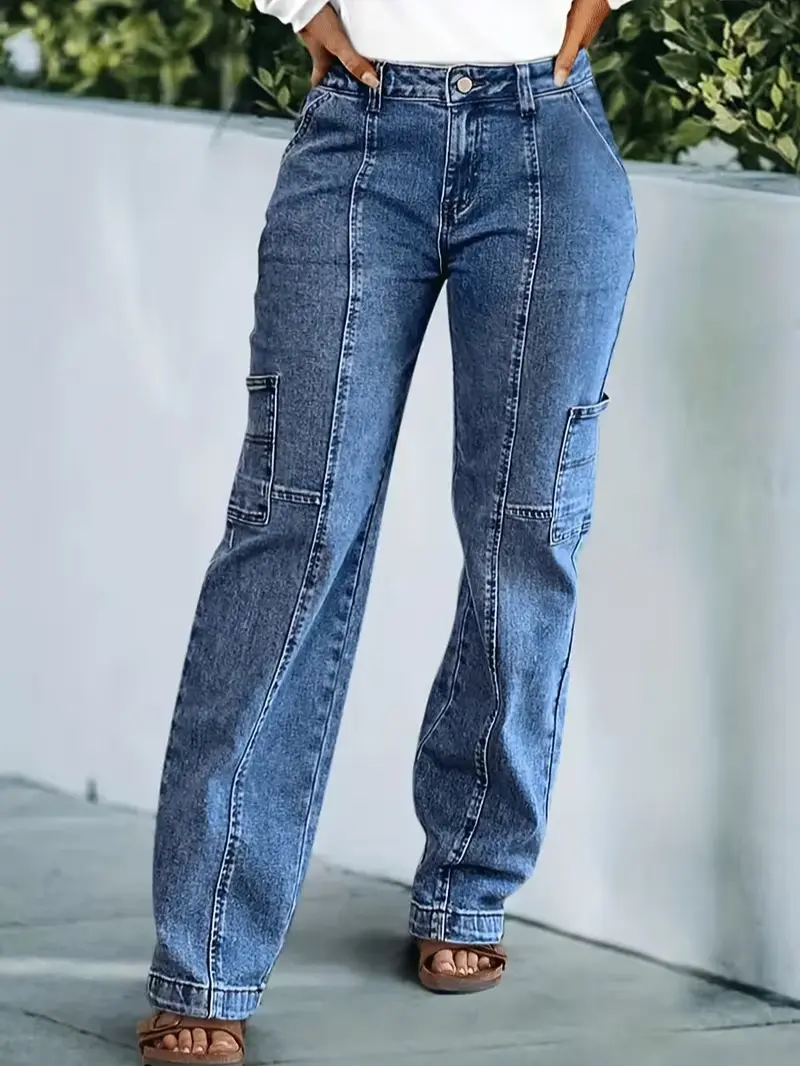 Women’s Slimming Stretch Denim Cargo Bottoms - Mid-Rise, Multi-Pocket, Streetwear Lady Basic Everyday Casual Trousers, Style, Retro, Jeans, Cargo Pants, Wide-Leg Cargo Jeans