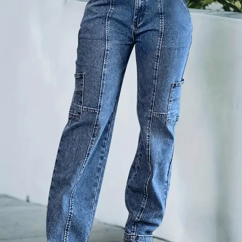 Women's Slimming Stretch Cotton Button-Front Denim Cargo Jeans - Mid-Rise, Multi-Pocket, H-Type Wide-Leg, Retro Streetwear Style, Everyday Bottom, Foldable Casual Trouser for Women