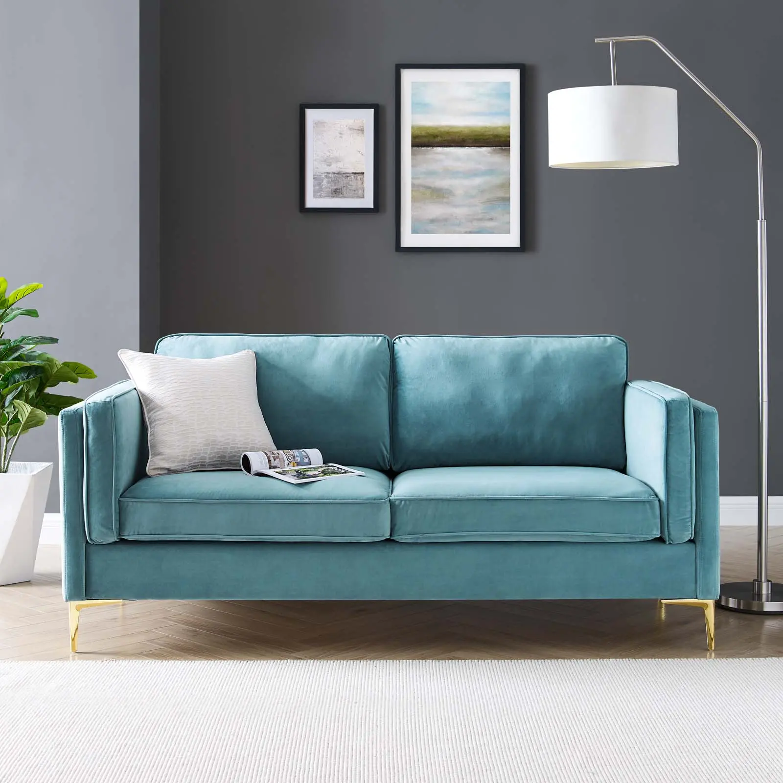 Modway Kaiya Modern Performance Velvet Sofa - Sea Blue Couch, Indoor Living Room Furniture for Lounge Use, Home, Design