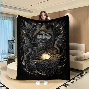Dark Nordic Mythology Odin Flannel Blanket, Raven Wolf & Runes Print, Vintage Mystery Bedroom Sofa Throw, Holiday Gift, Multi-Purpose