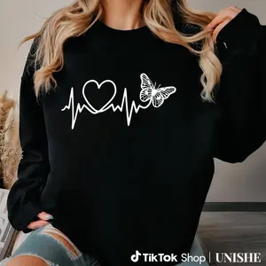 Plus Size Women's Casual Long Sleeve Sweatshirt with Butterfly & Heartbeat Line Print