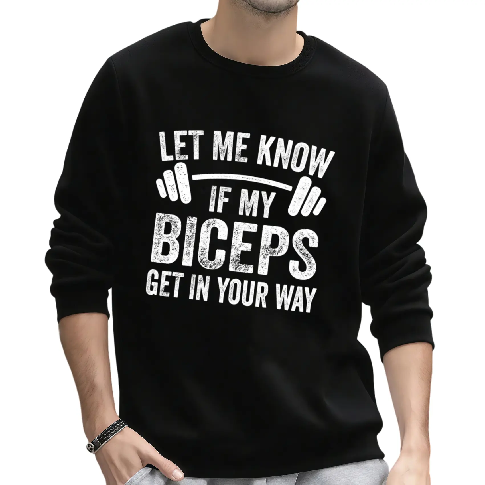 Casual Long Sleeve Sweatshirt with Distressed Dumbbell Graphic and Funny Gym Slogan – Perfect for Workout Enthusiasts Building Arm Muscles