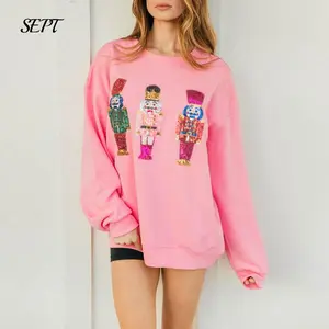 Women Christmas Sequin Sweatshirt Cute Holiday Oversized Pullover Sparkly Long Sleeve Crewneck Shirt