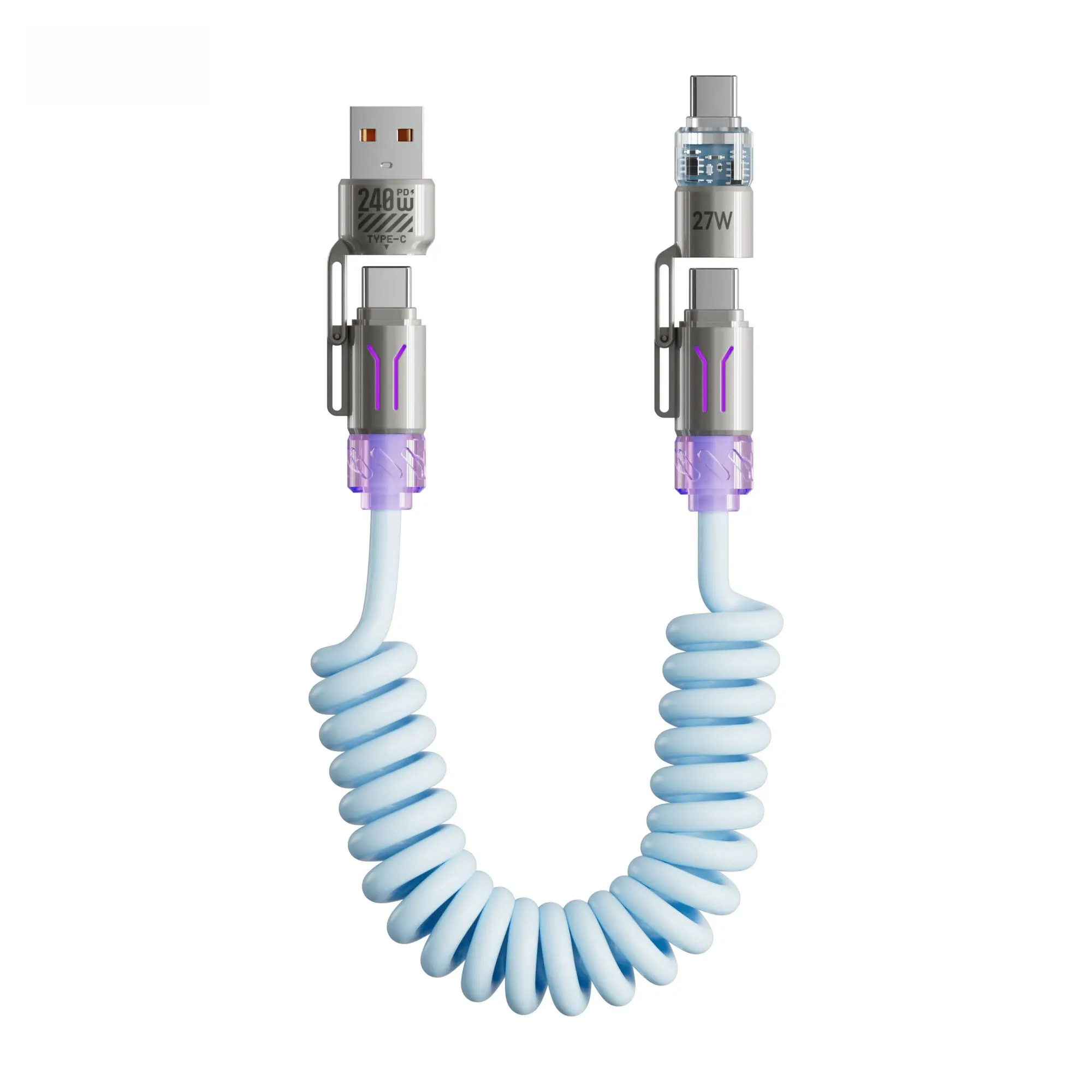 240W PD 4-in-1 Spring Data Cable - USB-C Multi-Port Fast Charging Accessory for Smartphones, Cellphones, Daily Use, 0-5m Length, Supports Fast Charge, Blue & Black Mobile Phone Charger Accessory, Wired, Multi-Port Devices