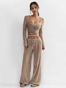 Women's Slouchy Square Neck Stripe Long Sleeve Crop Top & Low-Rise Wide Leg Trousers Co-ord