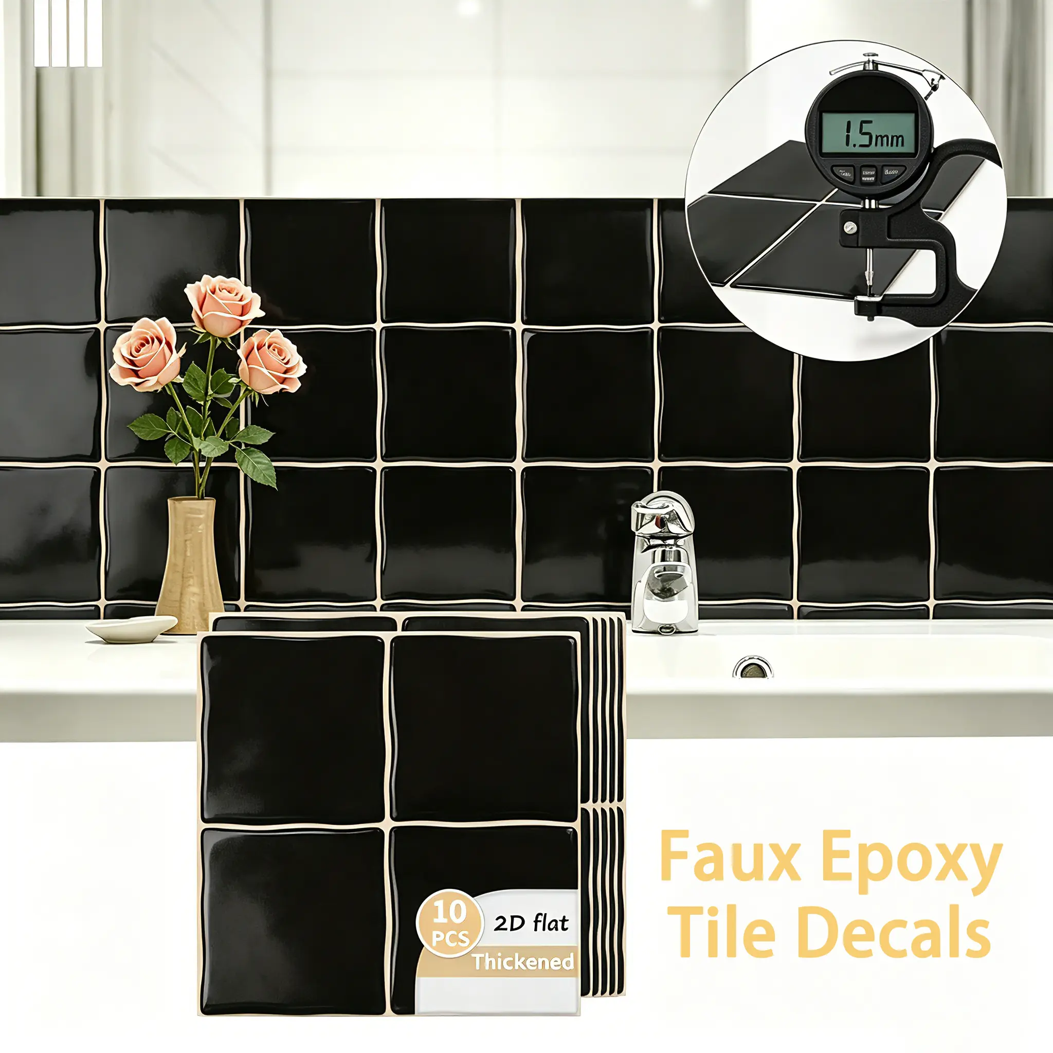 Peel and Stick Solid Black Tile Wall Decals, Waterproof Oilproof Removable Stickers, 10PCS Self-Adhesive Vinyl Wall Stickers for Kitchen Bathroom Home Decor