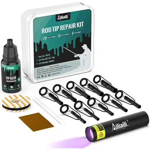 Fishing Rod Tip Repair Kit Complete Supplies for Fishing Pole Tip Replacement with 10 Sizes Top Eyelets Glue UV Flashlight Wrapping Thread Easy&Quick Repair Broken Fishing Accessories