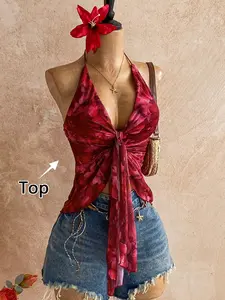 This Floral Halter Tie Top is Boho Summer Chic Sheer Mesh Asymmetrical Hem Crop Blouse