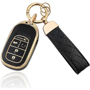 TPU Key Fob Cover with Leather Keychain, Compatible with Honda Accord Civic HR-V CR-V Pilot Sport SI EX EX-L Touring 2022 2023 2024 2025 2026, 4/5 Button, Black
