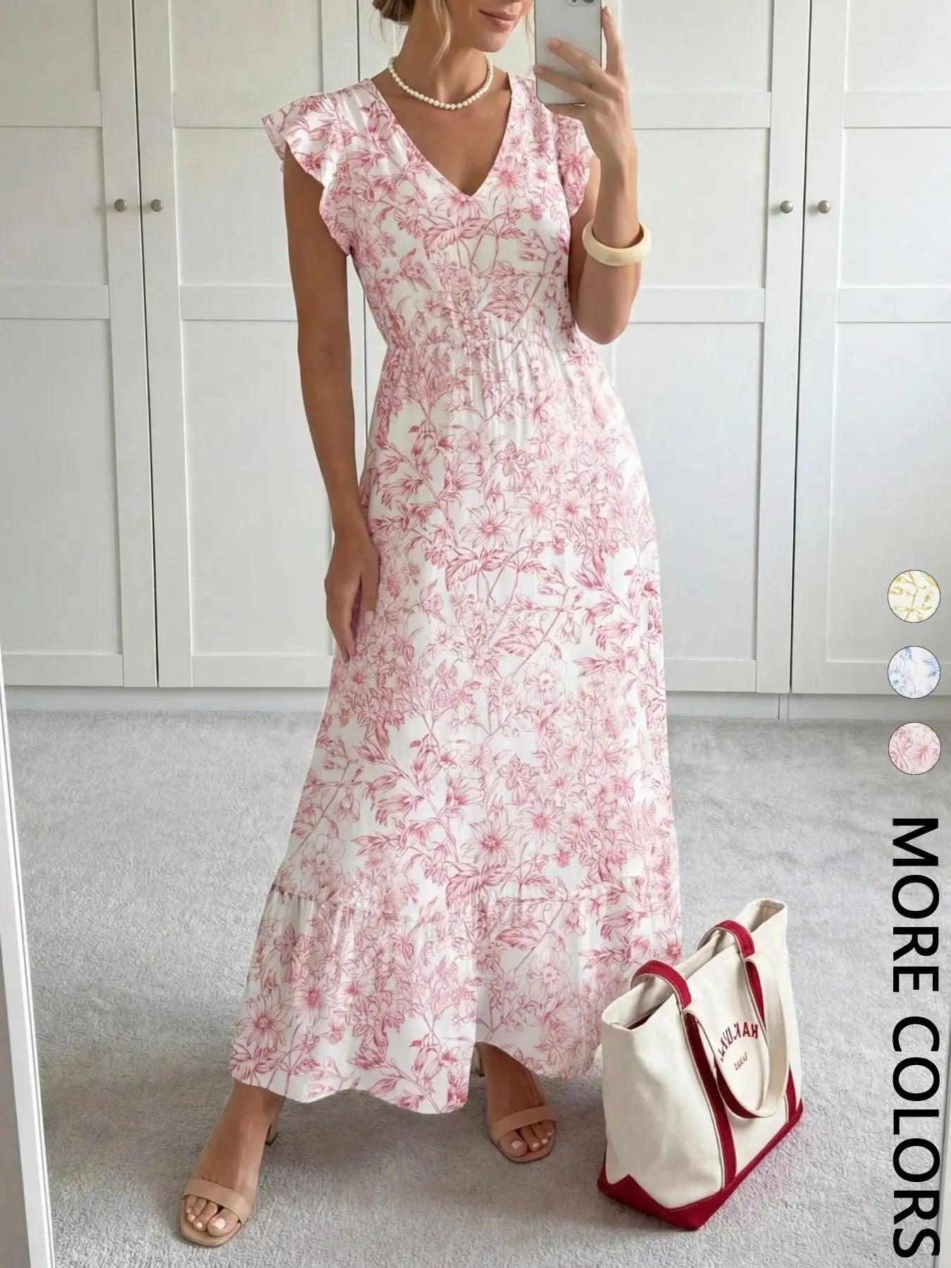 Women's Beach Vacation Floral Ruffled Long Dress, Elastic Waist V-Neck Ruffle Hem Sleeveless Dress, Casual Wear Feminine Boho Romantic Sundresses Bohemian Style Sundresses Bohemian Summer Fashion, Womenswear