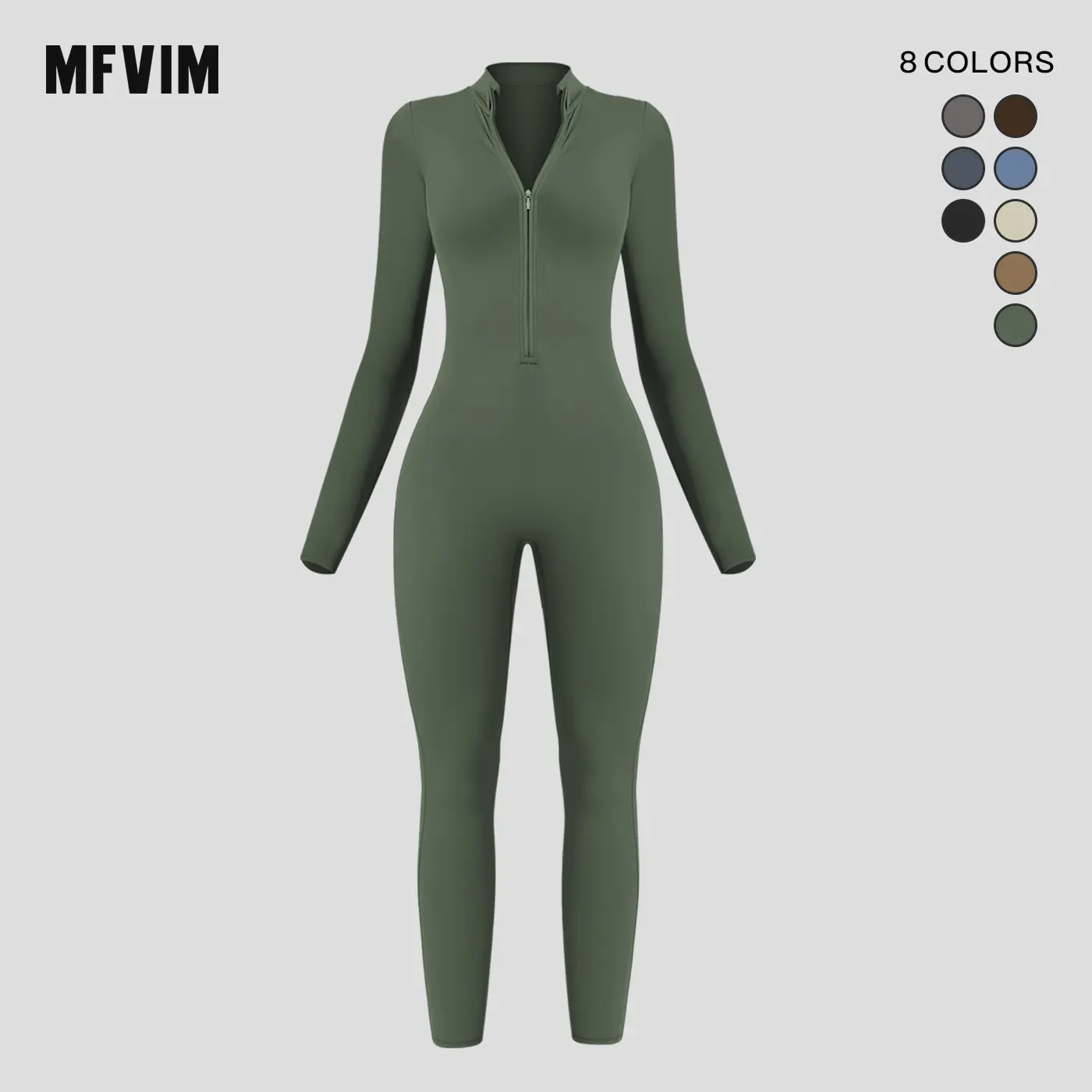 Women's Solid Color Zip-Front Long-Sleeve Nylon Spandex Athletic Style Activewear Jumpsuit - Covered Bust, Stretchable Full-Length Bodysuit for Yoga, Gym, Machine Washable, Do Not Dry Clean
